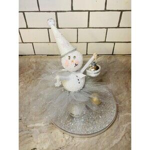 Sparkly Holiday Snowman. 13”. Tulle skirt Vintage Atlas Lid base
